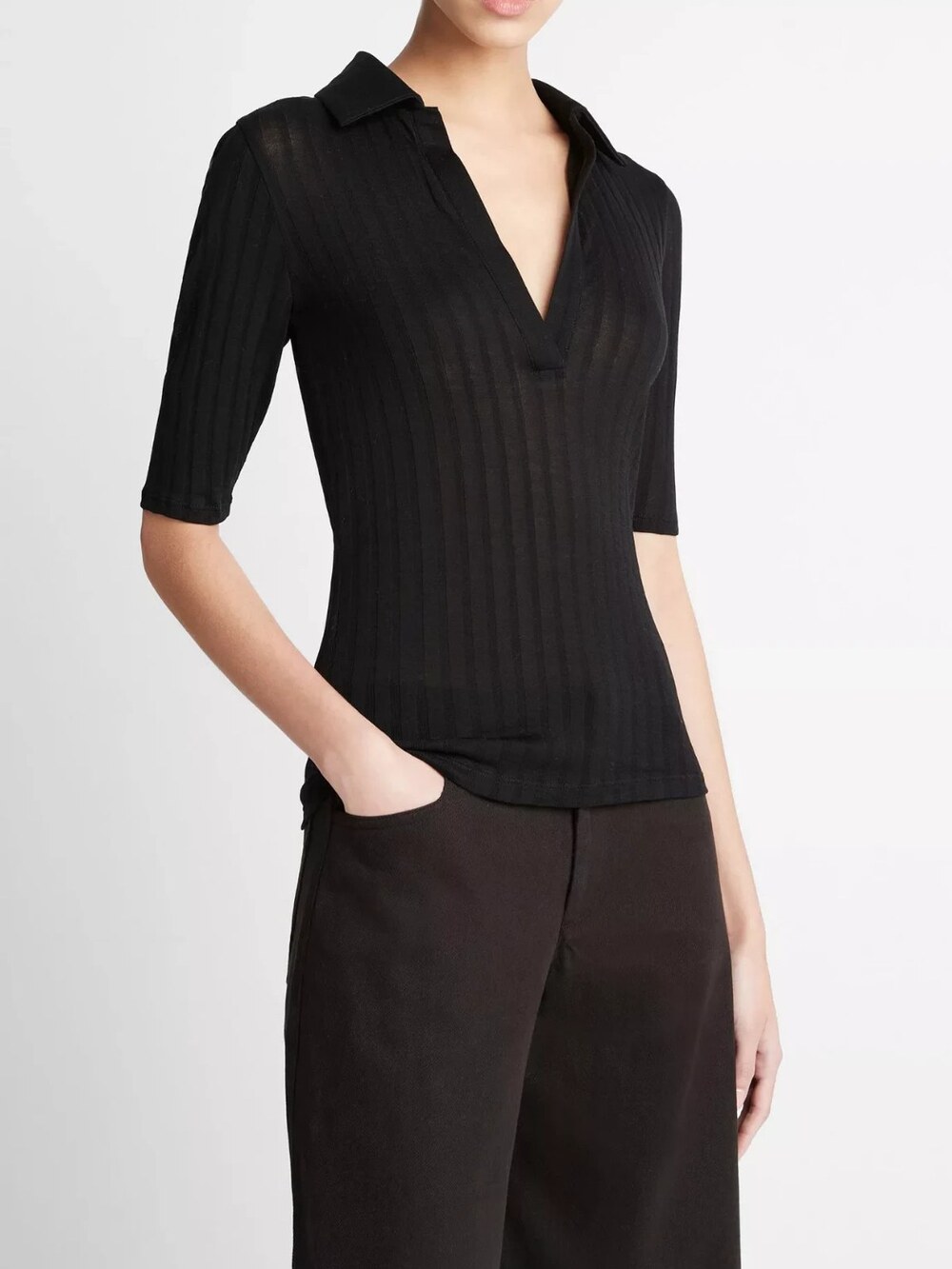 VINCE Black Cotton Elbow-Sleeve Polo Shirt Women's Sz Small MSRP $198 NWT [CD2]
